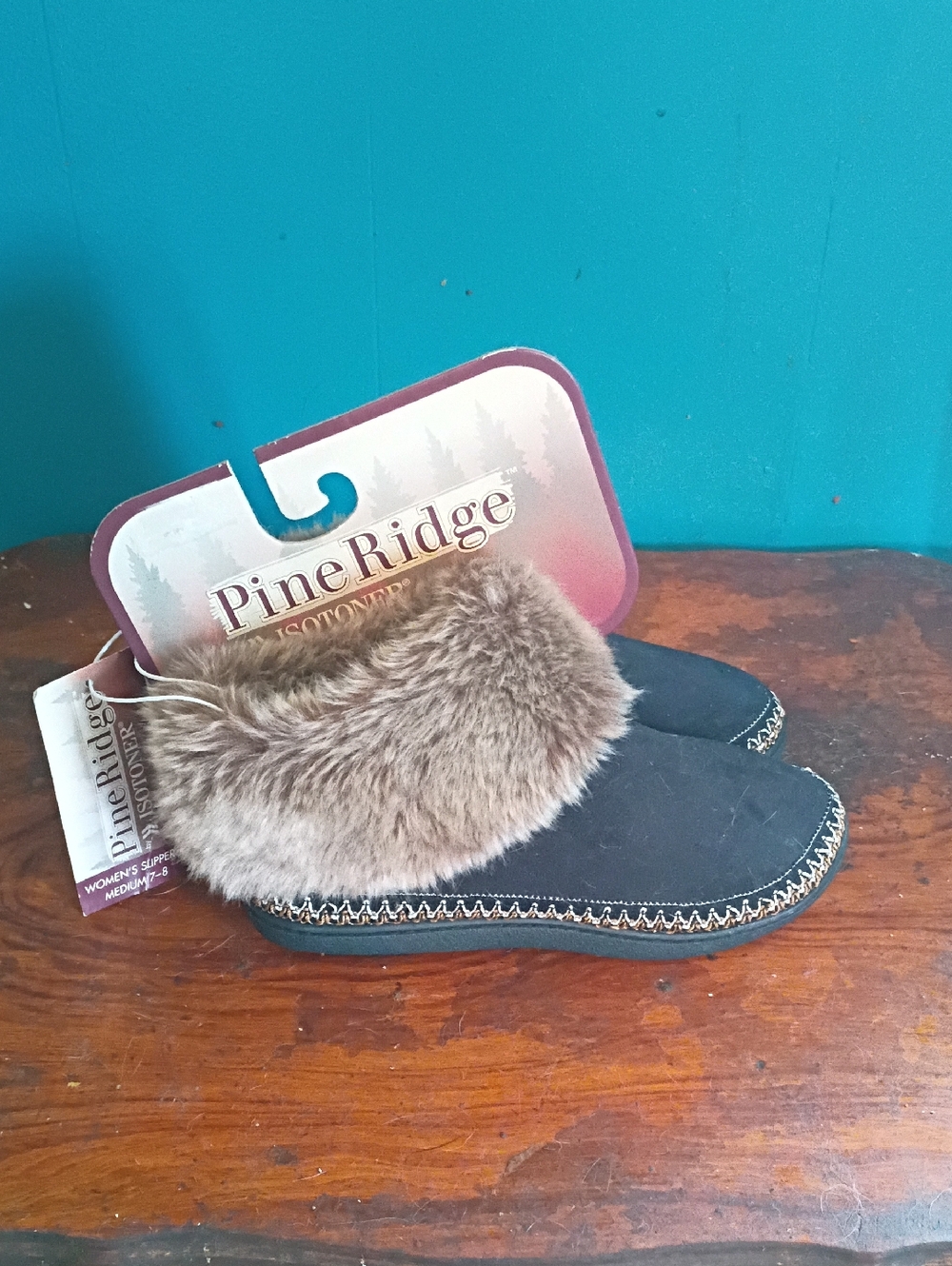 isotoner Black Faux Fur Trim Slip-On Slippers